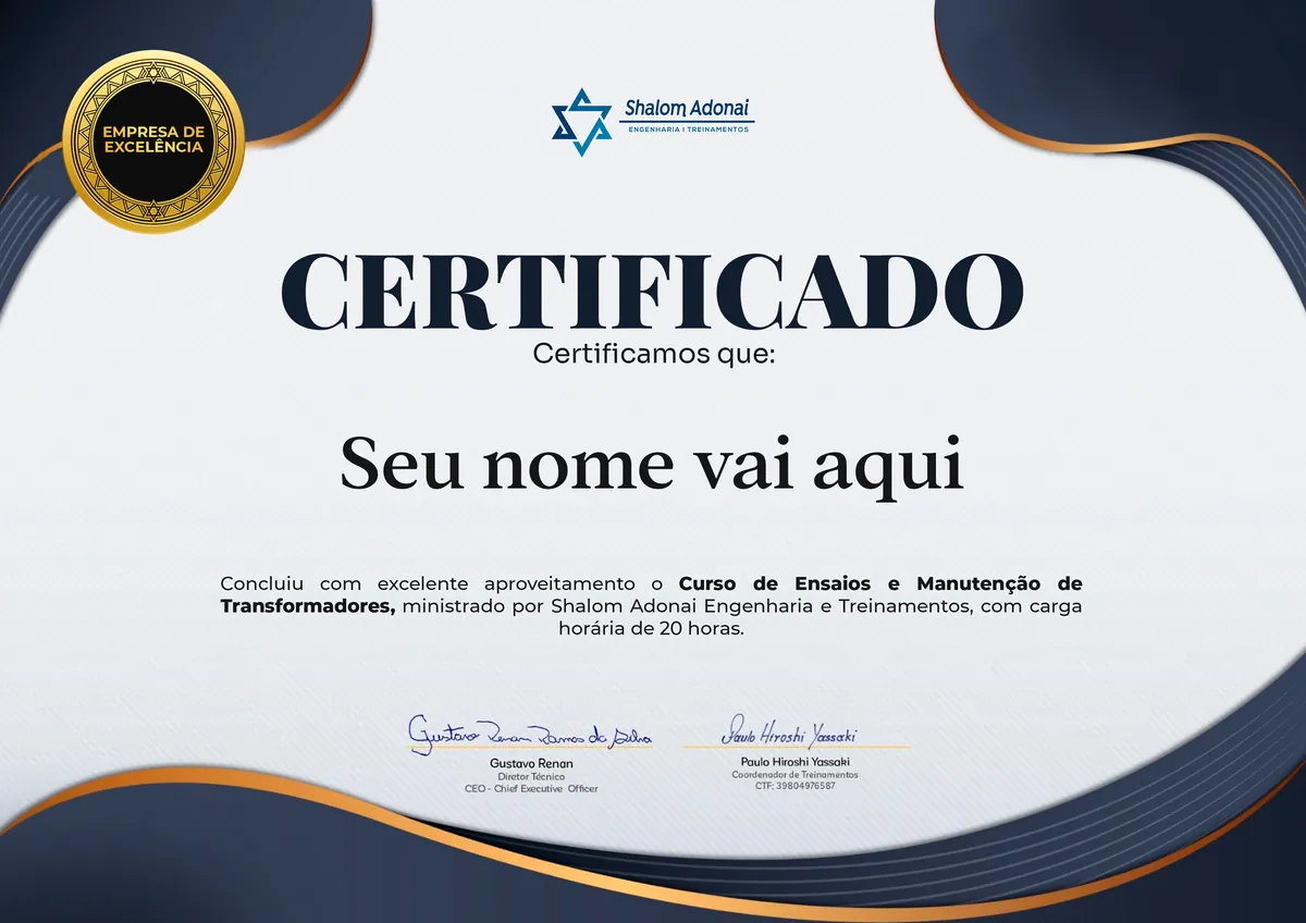 Certificado de conclusão do curso Curso de Ensaios e Manutenção de Transformadores