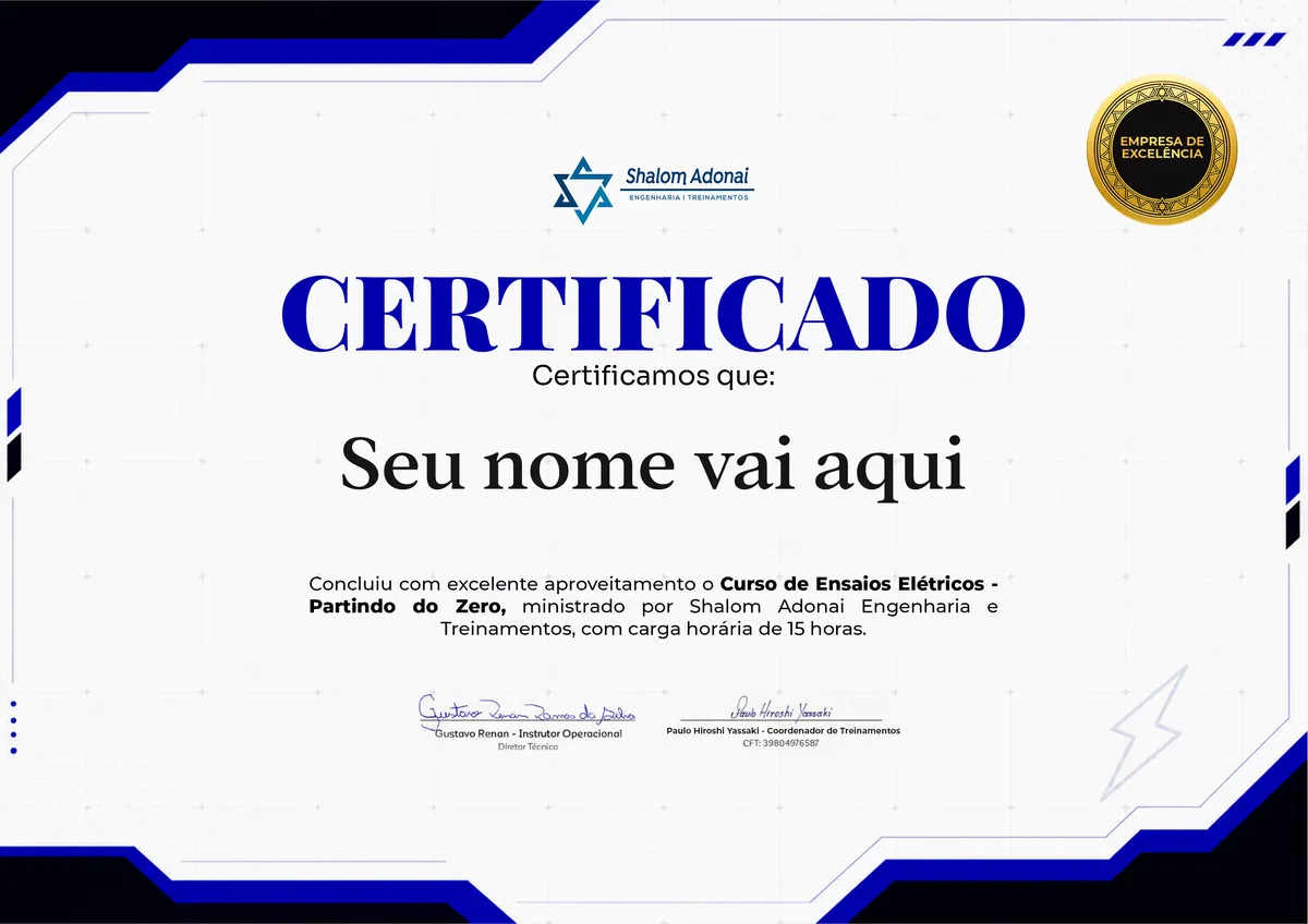 Certificado de conclusão do curso Curso de Ensaios Elétricos – Partindo do Zero