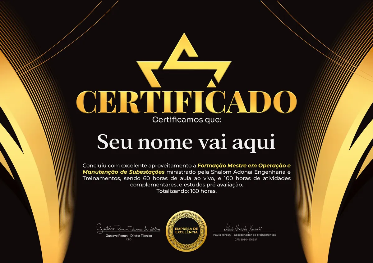 Certificado de conclusão do curso Formação Mestre em Operação e Manutenção de Subestações