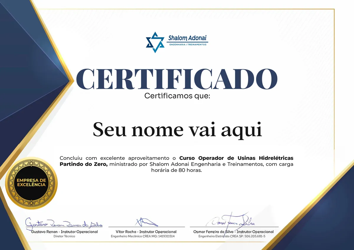Certificado de conclusão do curso Curso Operador de Usinas Hidrelétricas – Partindo do Zero